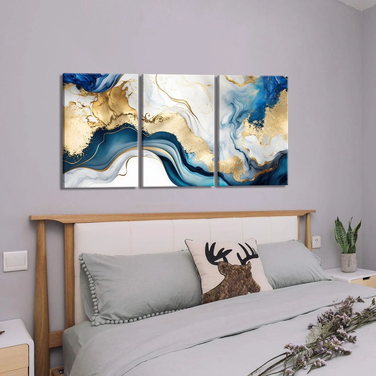 3Pcs Blue Gold Marble Canvas Wall Art Abstract Blue Gold White Wall Decor Pictures Modern Paintings Posters Prints for Living Room Bedroom Office Home Decoration, Ready to Hang