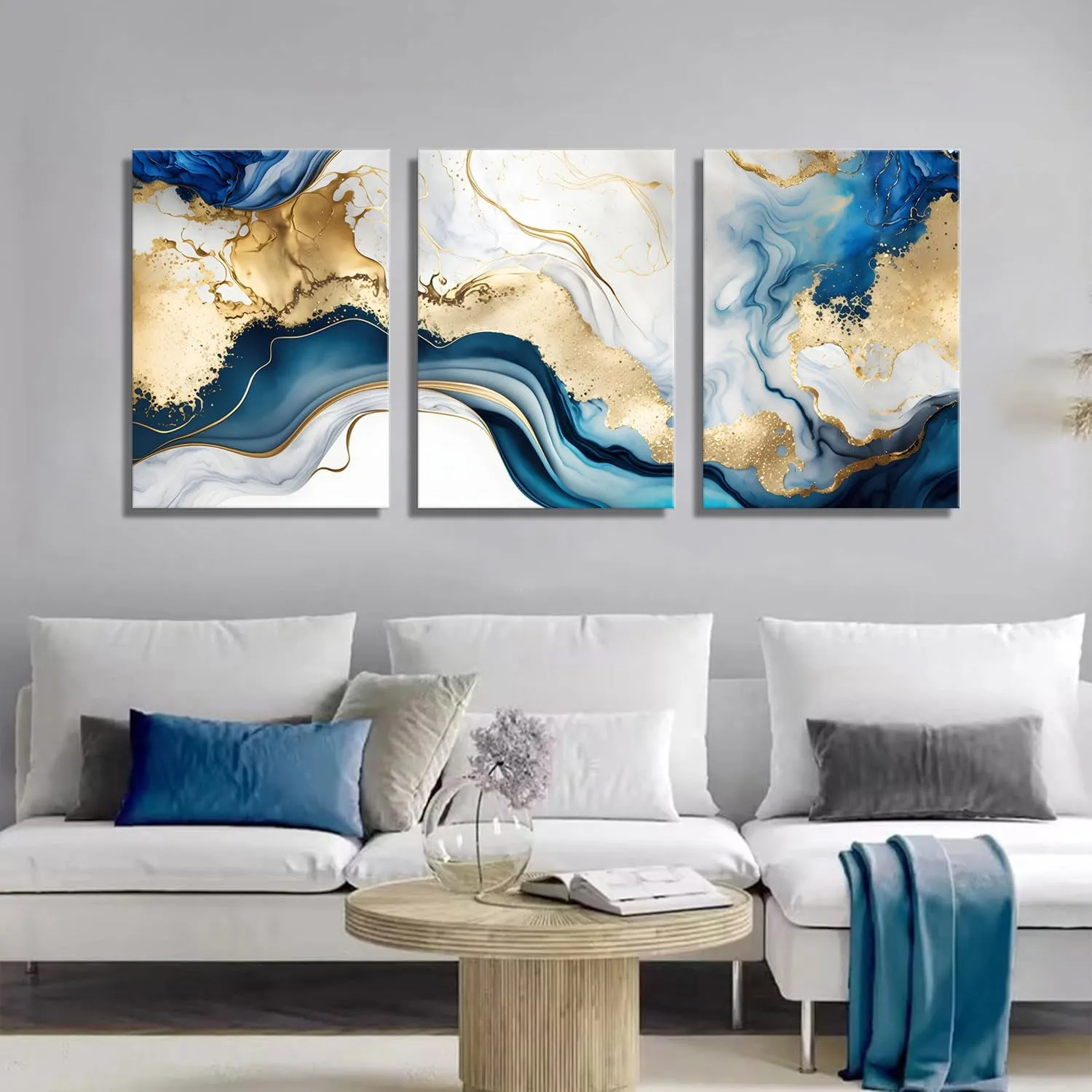 3Pcs Blue Gold Marble Canvas Wall Art Abstract Blue Gold White Wall Decor Pictures Modern Paintings Posters Prints for Living Room Bedroom Office Home Decoration, Ready to Hang