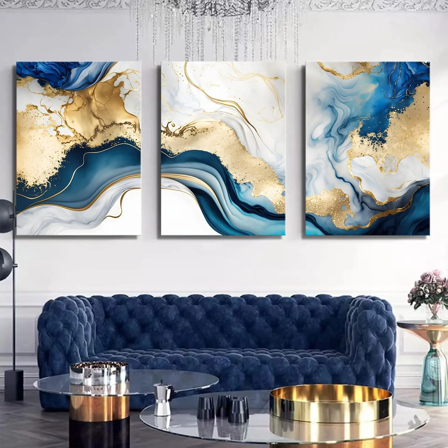 3Pcs Blue Gold Marble Canvas Wall Art Abstract Blue Gold White Wall Decor Pictures Modern Paintings Posters Prints for Living Room Bedroom Office Home Decoration, Ready to Hang