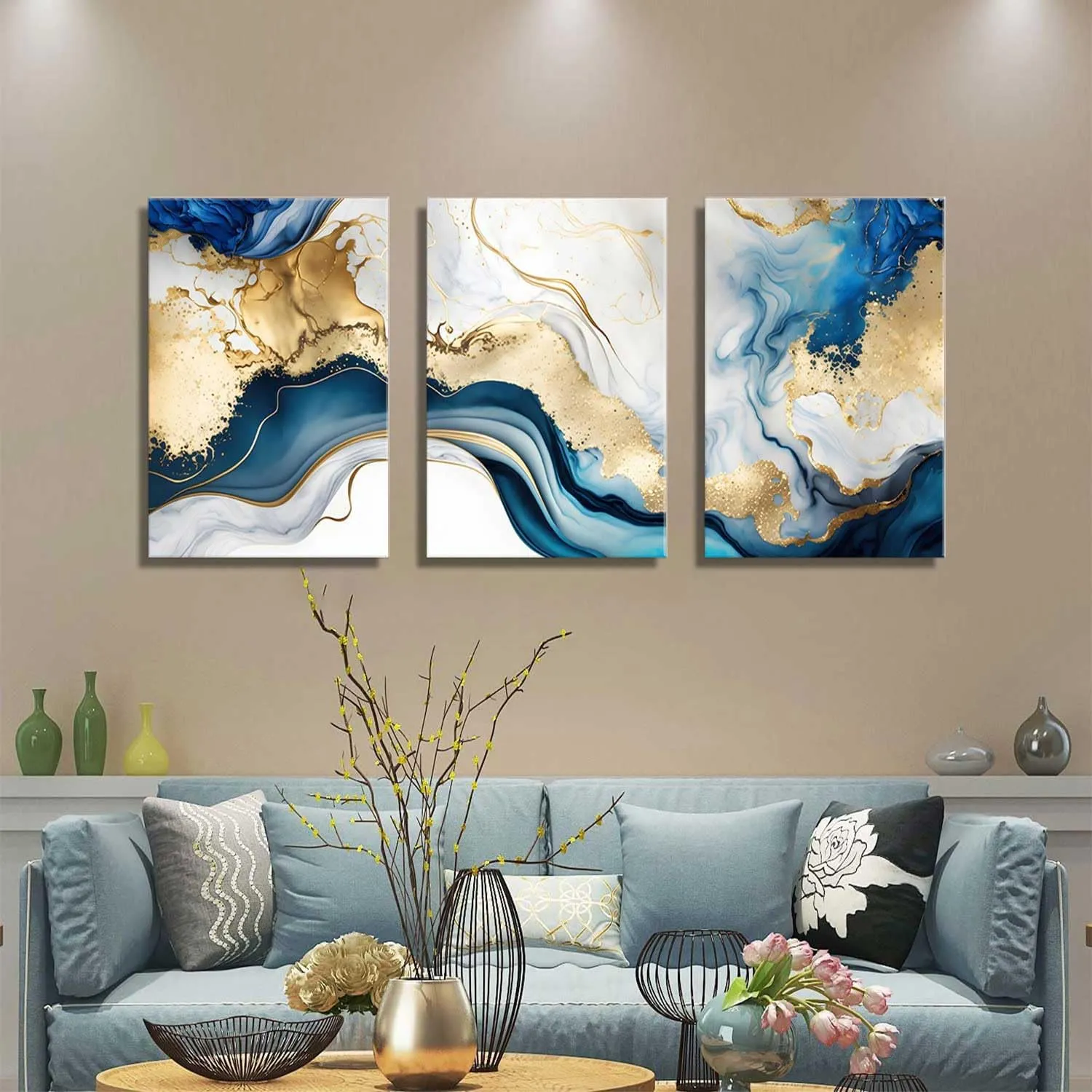 3Pcs Blue Gold Marble Canvas Wall Art Abstract Blue Gold White Wall Decor Pictures Modern Paintings Posters Prints for Living Room Bedroom Office Home Decoration, Ready to Hang