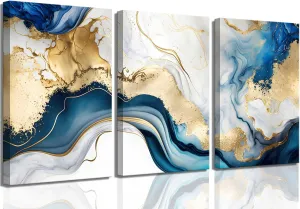 3Pcs Blue Gold Marble Canvas Wall Art Abstract Blue Gold White Wall Decor Pictures Modern Paintings Posters Prints for Living Room Bedroom Office Home Decoration, Ready to Hang