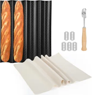 4-Slot French Baguette Pan Set, Non-Stick French Bread Pan, Baguette Baking Pan with Proofing Cloth, Bread Lame, Home Baking Tools Kit for Homemade Bread