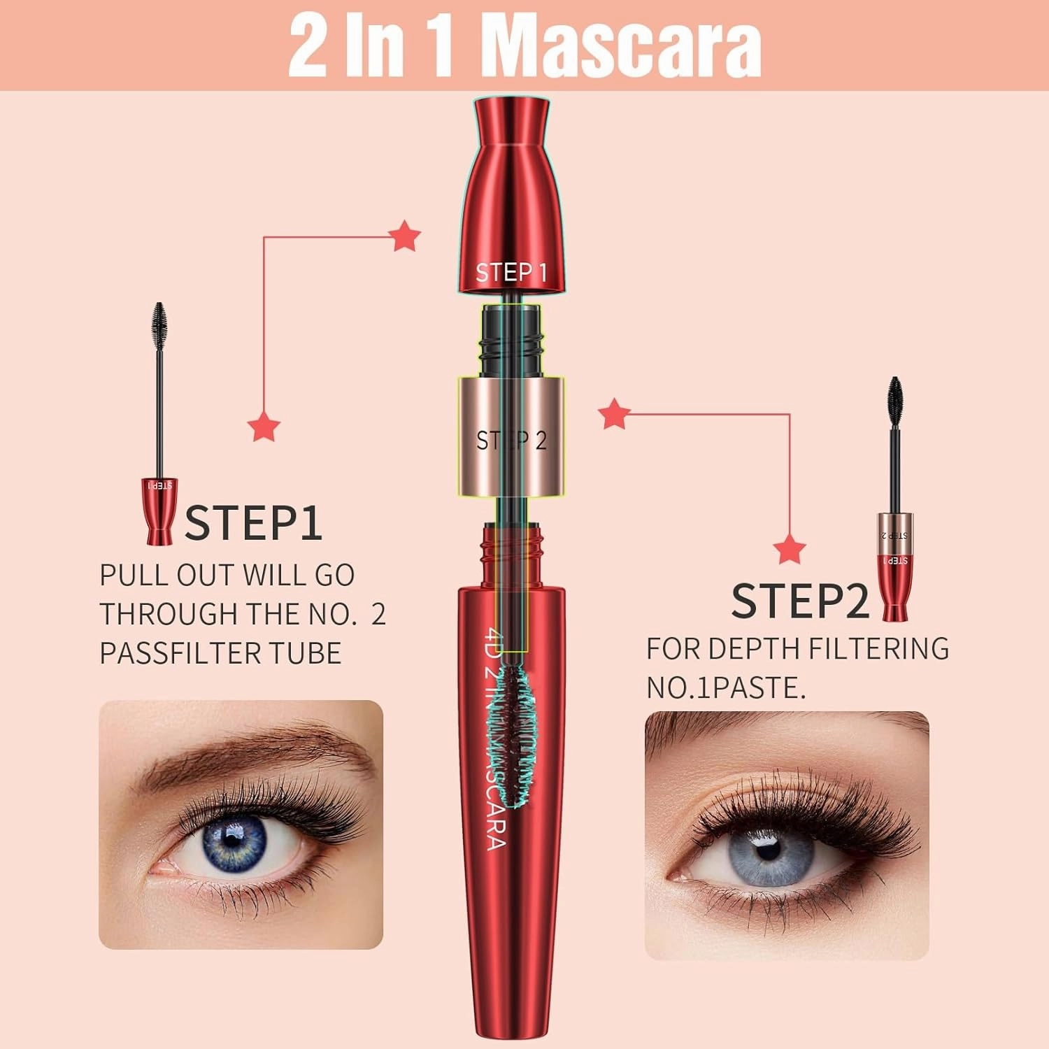4D Silk Fiber Mascara, 2-in-1 Waterproof Mascara, Long-Lasting Length and Volume (UK ONLY)