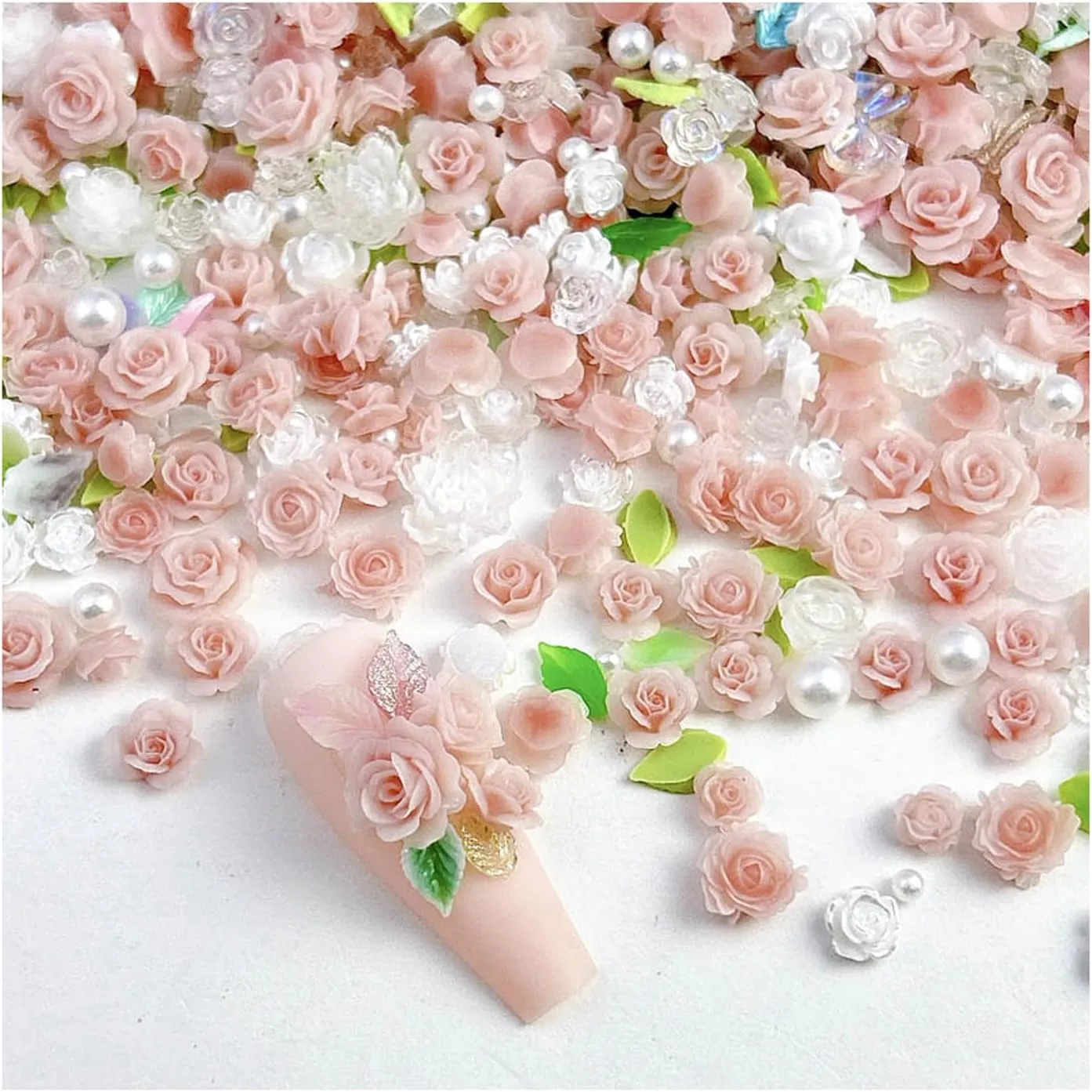500Pcs Rose Flower Nail Charms, Bright Pink White Resin 3D Floral Nail Art with White Faux Pearl for Nail Art DIY Crafts, Clothes, Jewel Accessories, Manicure Design Crafts(Mixed Size)