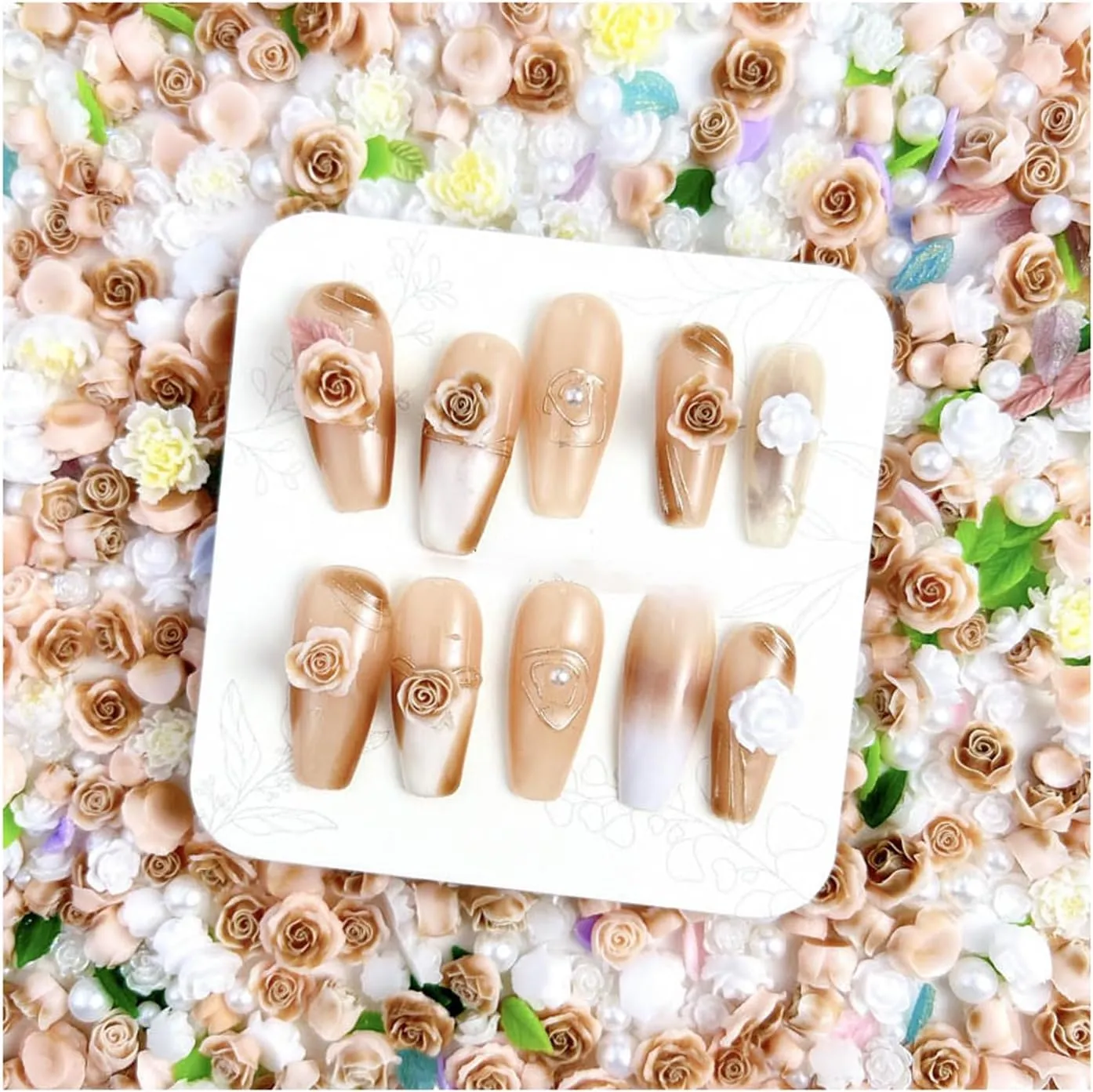500Pcs Rose Flower Nail Charms, Bright Pink White Resin 3D Floral Nail Art with White Faux Pearl for Nail Art DIY Crafts, Clothes, Jewel Accessories, Manicure Design Crafts(Mixed Size)