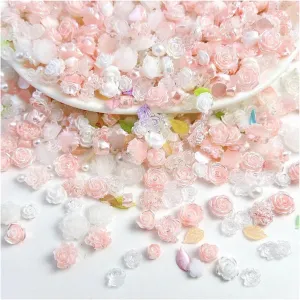 500Pcs Rose Flower Nail Charms, Bright Pink White Resin 3D Floral Nail Art with White Faux Pearl for Nail Art DIY Crafts, Clothes, Jewel Accessories, Manicure Design Crafts(Mixed Size)