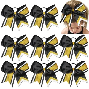 8 PCS Large Cheer Hair Bows 8" Glitter Hair Bows Gold Black Sparkly Cheerleading Softball Team Bow Hair Accessories for cheerleaders football Competition Sports