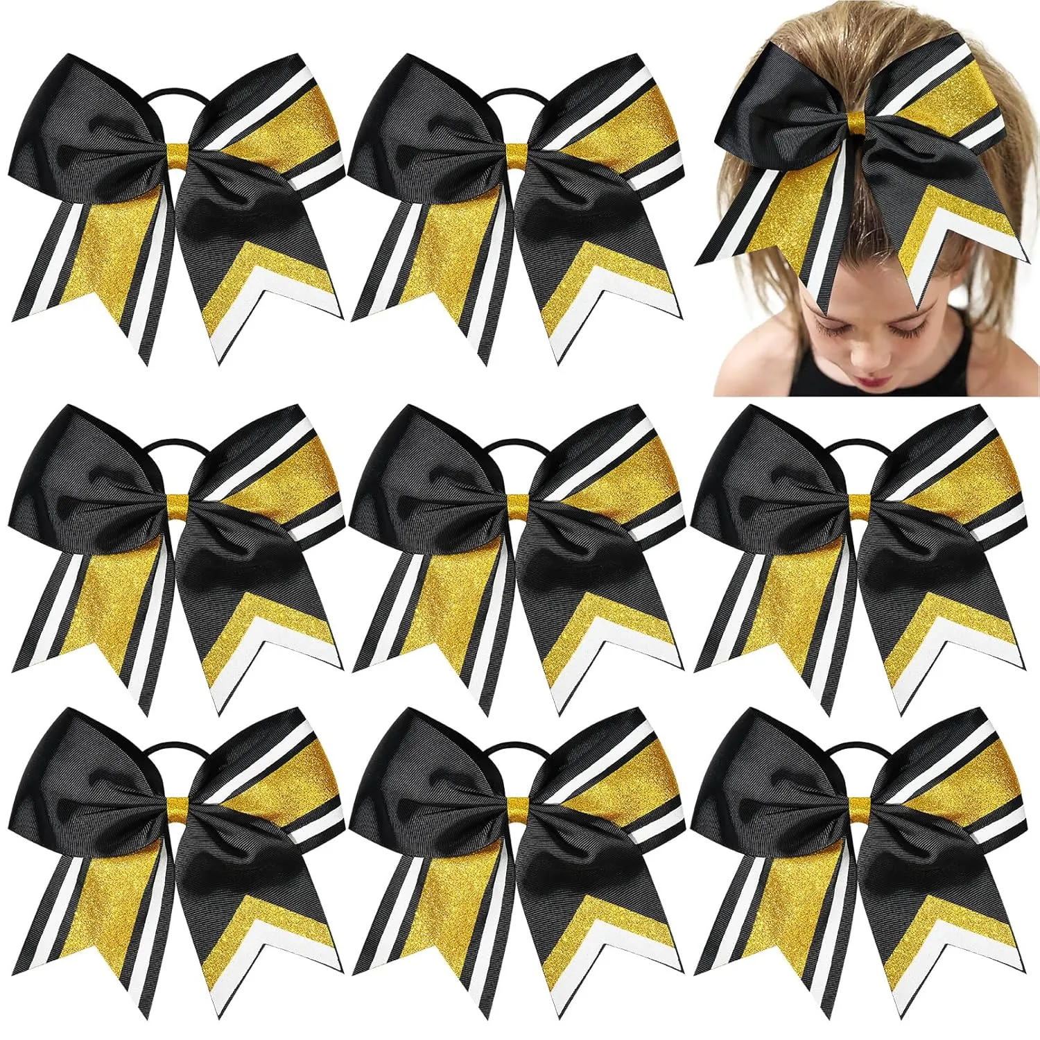 8 PCS Large Cheer Hair Bows 8" Glitter Hair Bows Gold Black Sparkly Cheerleading Softball Team Bow Hair Accessories for cheerleaders football Competition Sports