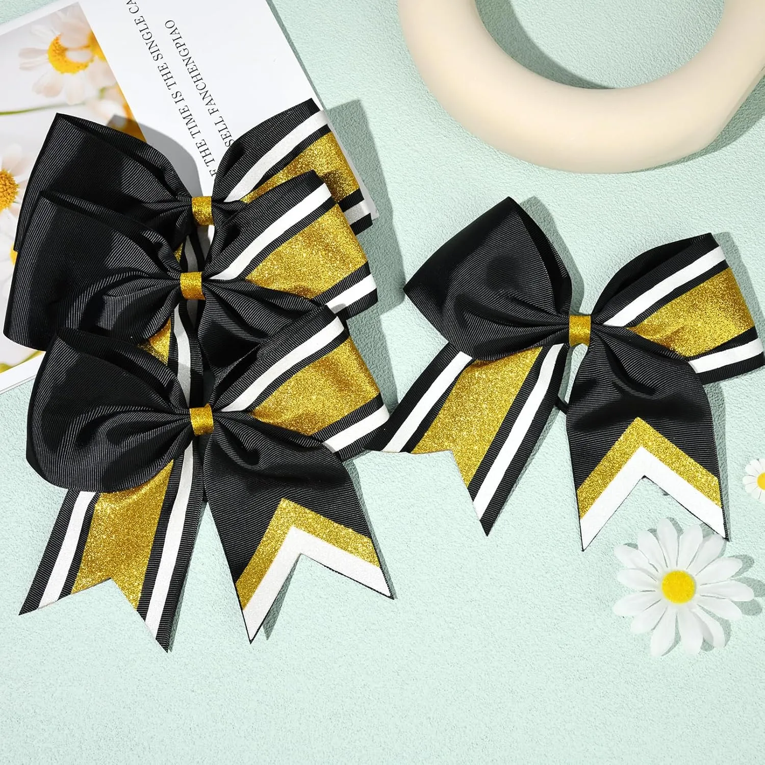 8 PCS Large Cheer Hair Bows 8" Glitter Hair Bows Gold Black Sparkly Cheerleading Softball Team Bow Hair Accessories for cheerleaders football Competition Sports