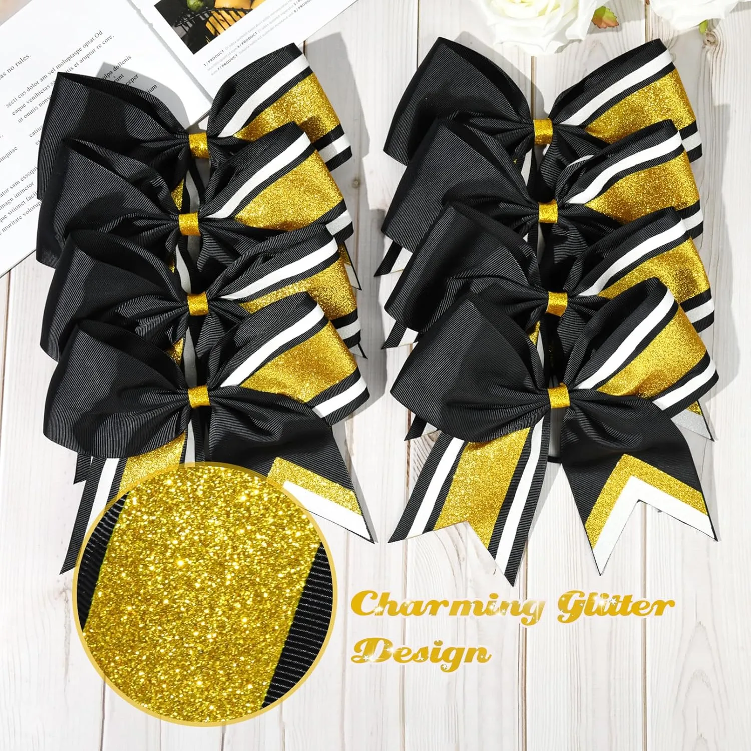 8 PCS Large Cheer Hair Bows 8" Glitter Hair Bows Gold Black Sparkly Cheerleading Softball Team Bow Hair Accessories for cheerleaders football Competition Sports