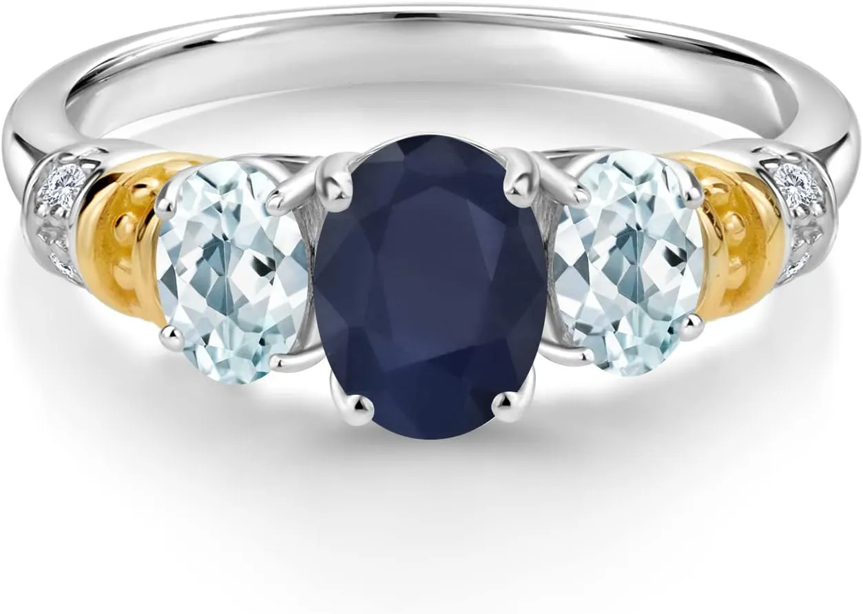 925 Sterling Silver and 10K Yellow Gold Oval Blue Sapphire Sky Blue Aquamarine and White Diamond 3 Stone Ring For Women (2.83 Cttw, Gemstone September Birthstone, Available In Size 5, 6, 7, 8, 9)