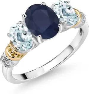 925 Sterling Silver and 10K Yellow Gold Oval Blue Sapphire Sky Blue Aquamarine and White Diamond 3 Stone Ring For Women (2.83 Cttw, Gemstone September Birthstone, Available In Size 5, 6, 7, 8, 9)