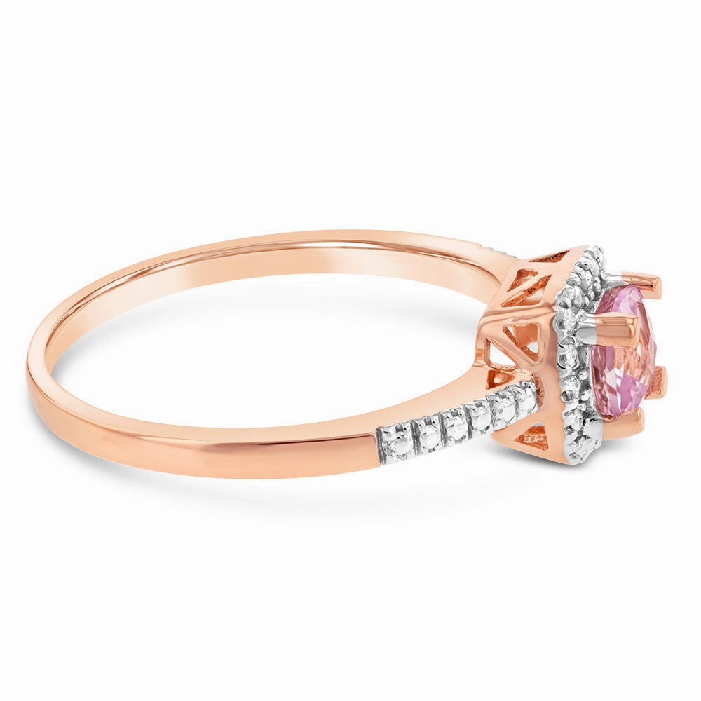 9ct Rose Gold Created Morganite And Diamond Cushion Ring