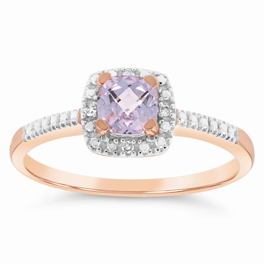 9ct Rose Gold Created Morganite And Diamond Cushion Ring