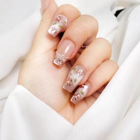 [GLORS] Medium Ballerina Press On Nails, Nude Pink with Rose Gold Foil and Pearl Accents, 10 Pieces (S,MB)