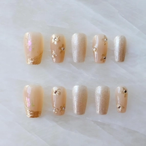 [GLORS] Purly Handmade Medium Ballerina Press on Nails | Nude ombre Cat Eye Fake False Nails with Gold Floral Glitter | Salon Quality Ballerina Nail (M, MB)