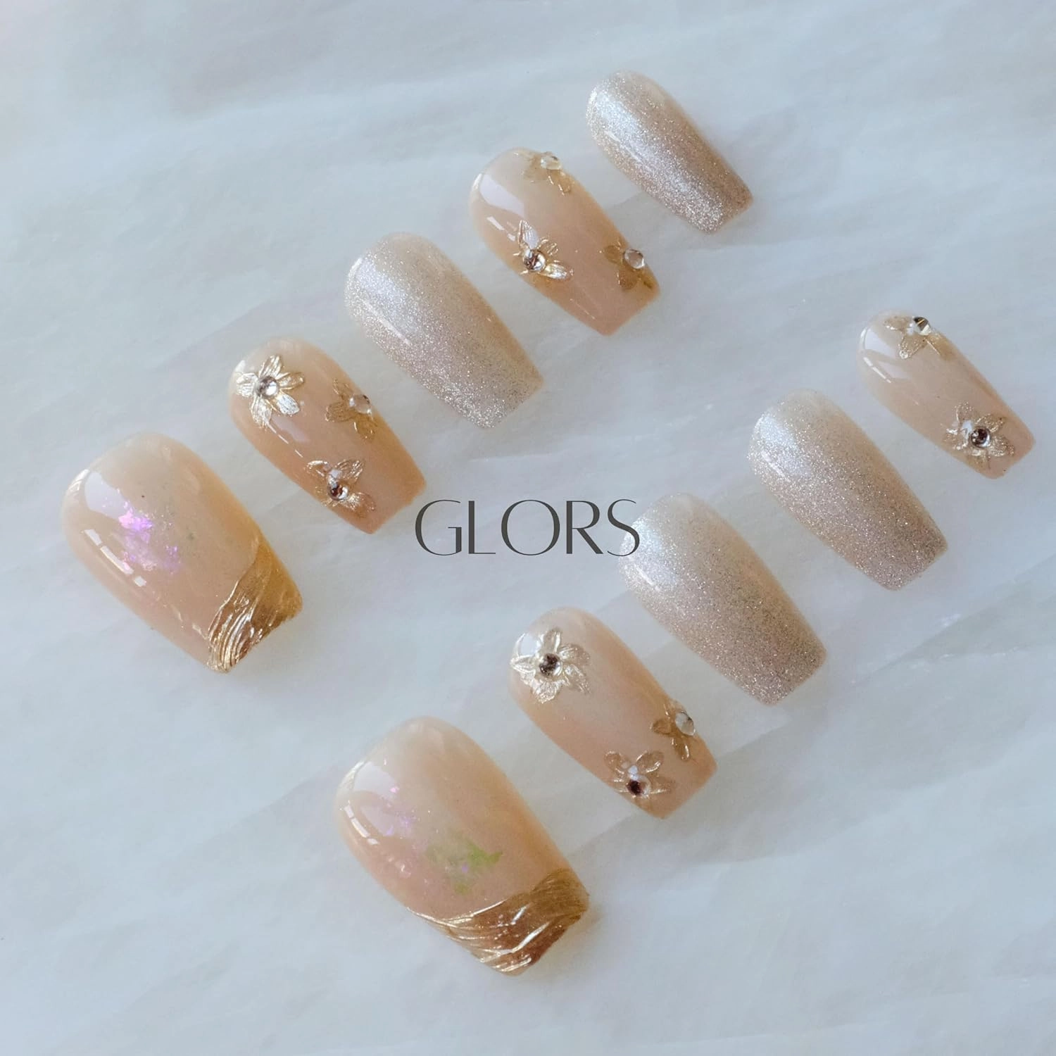 [GLORS] Purly Handmade Medium Ballerina Press on Nails | Nude ombre Cat Eye Fake False Nails with Gold Floral Glitter | Salon Quality Ballerina Nail (M, MB)