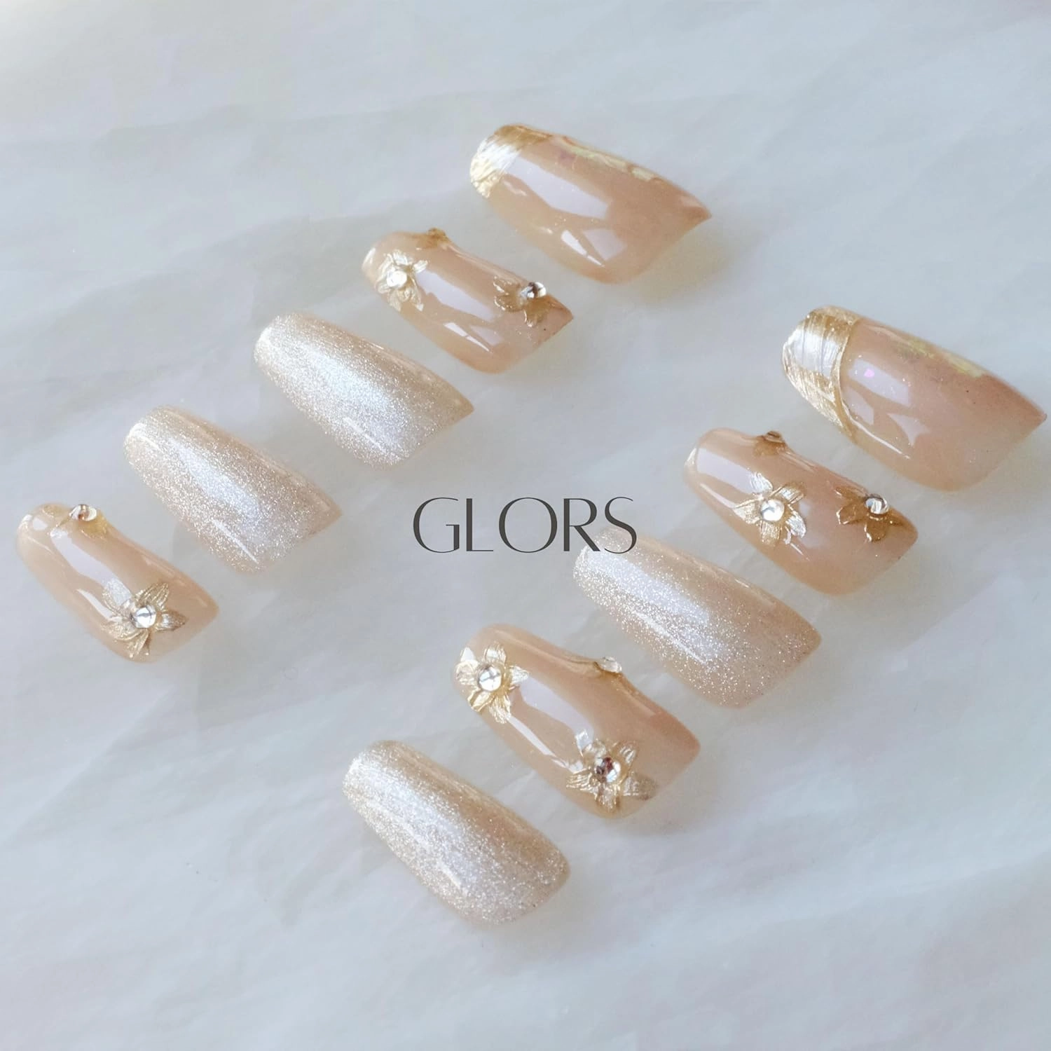 [GLORS] Purly Handmade Medium Ballerina Press on Nails | Nude ombre Cat Eye Fake False Nails with Gold Floral Glitter | Salon Quality Ballerina Nail (M, MB)
