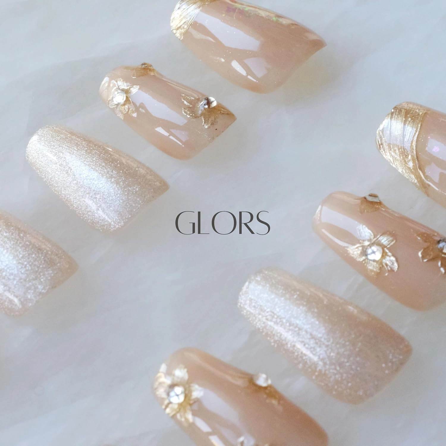 [GLORS] Purly Handmade Medium Ballerina Press on Nails | Nude ombre Cat Eye Fake False Nails with Gold Floral Glitter | Salon Quality Ballerina Nail (M, MB)