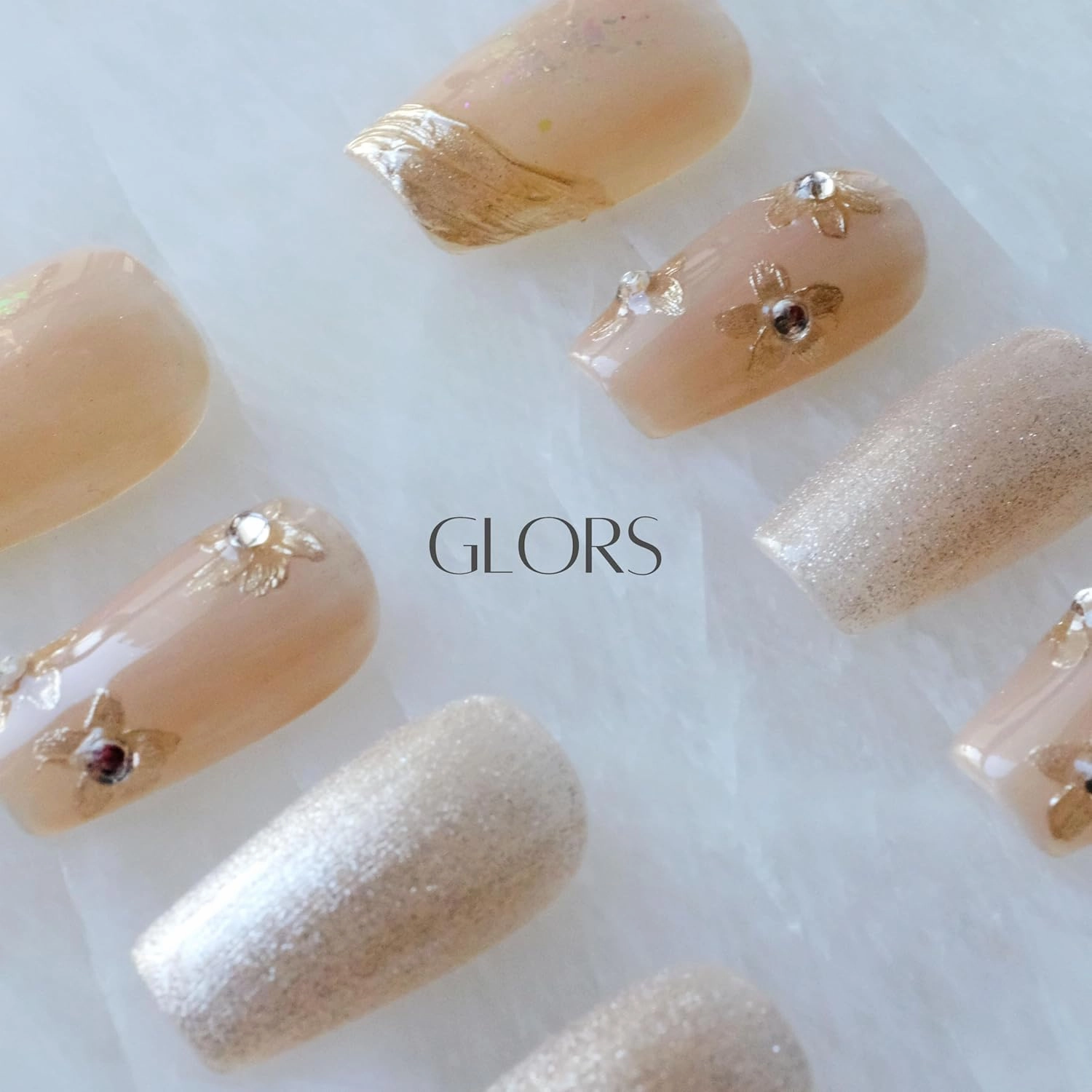 [GLORS] Purly Handmade Medium Ballerina Press on Nails | Nude ombre Cat Eye Fake False Nails with Gold Floral Glitter | Salon Quality Ballerina Nail (M, MB)