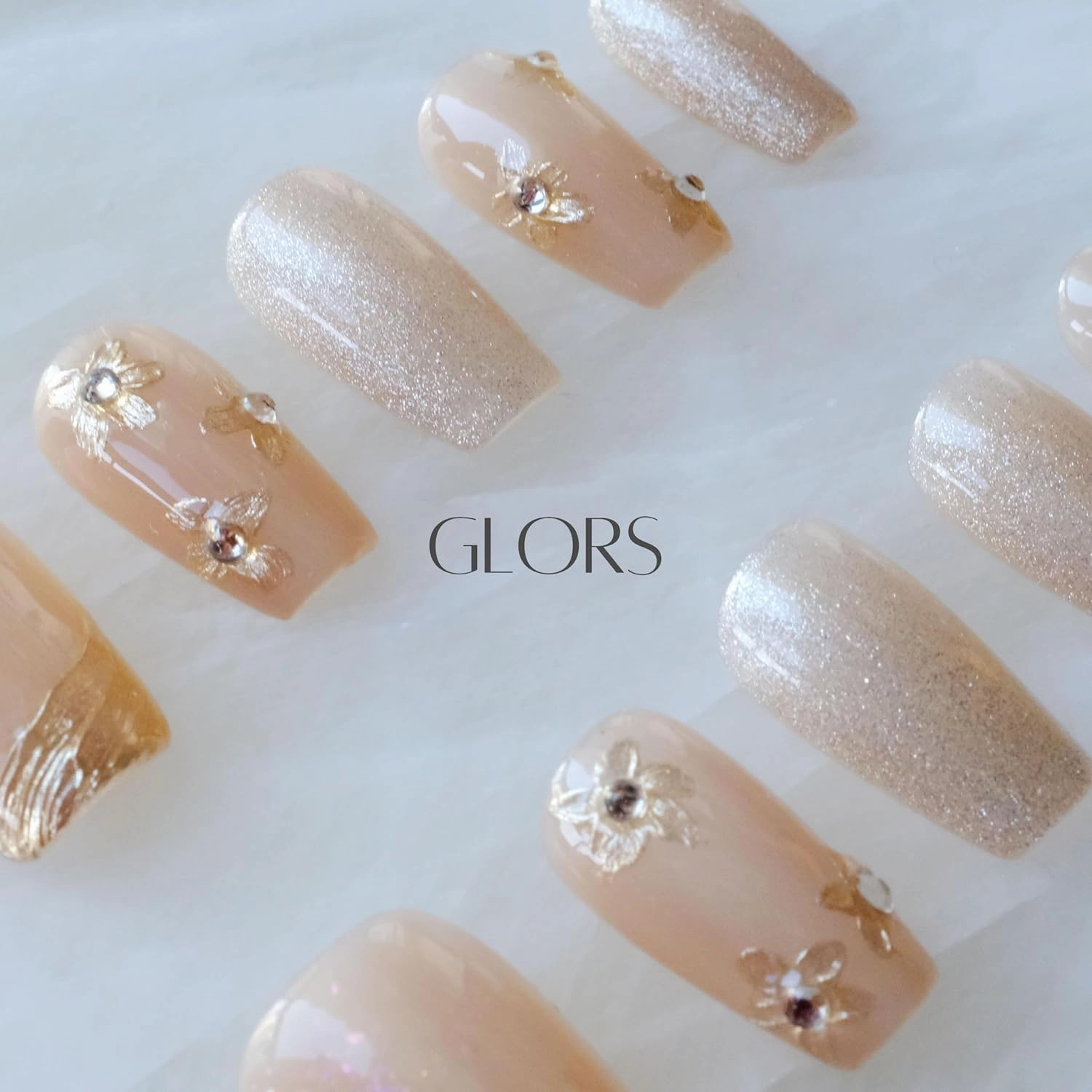 [GLORS] Purly Handmade Medium Ballerina Press on Nails | Nude ombre Cat Eye Fake False Nails with Gold Floral Glitter | Salon Quality Ballerina Nail (M, MB)