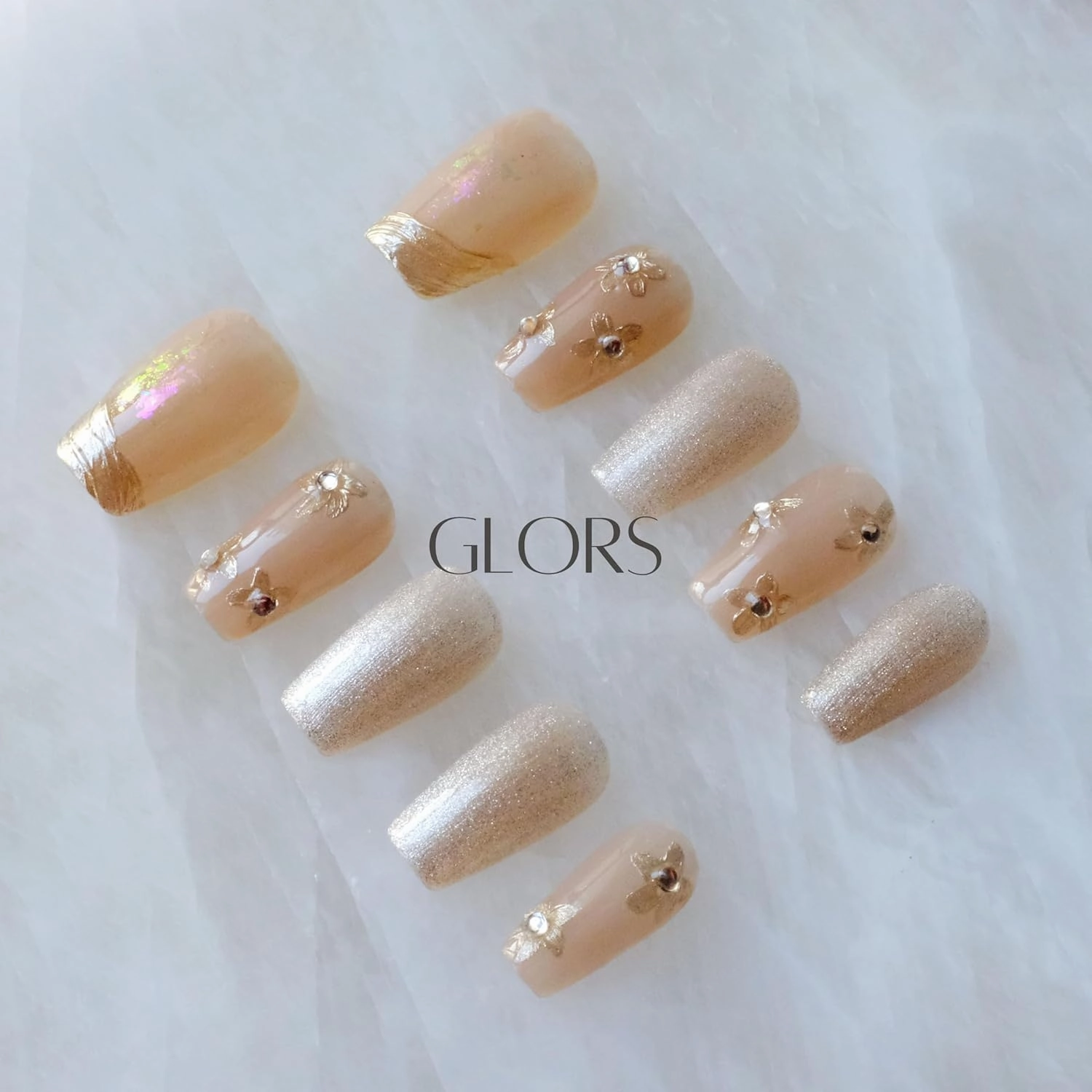 [GLORS] Purly Handmade Medium Ballerina Press on Nails | Nude ombre Cat Eye Fake False Nails with Gold Floral Glitter | Salon Quality Ballerina Nail (M, MB)