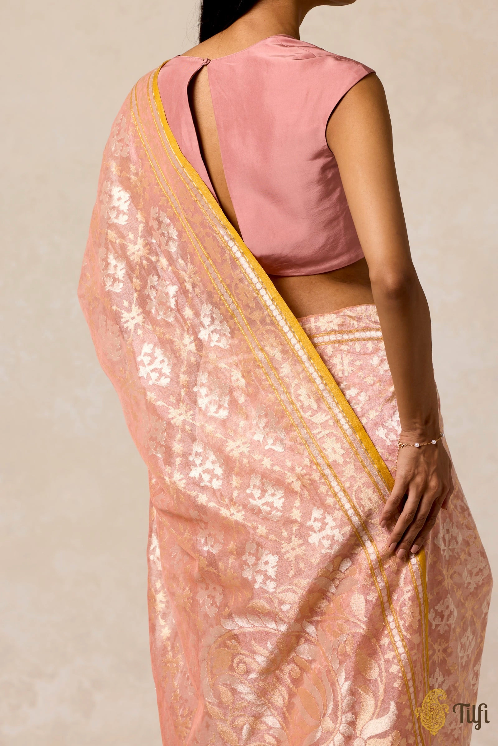 'Kairavi' Light Coral Peach Pure Cotton Tissue Real Zari Banarasi Handloom Saree