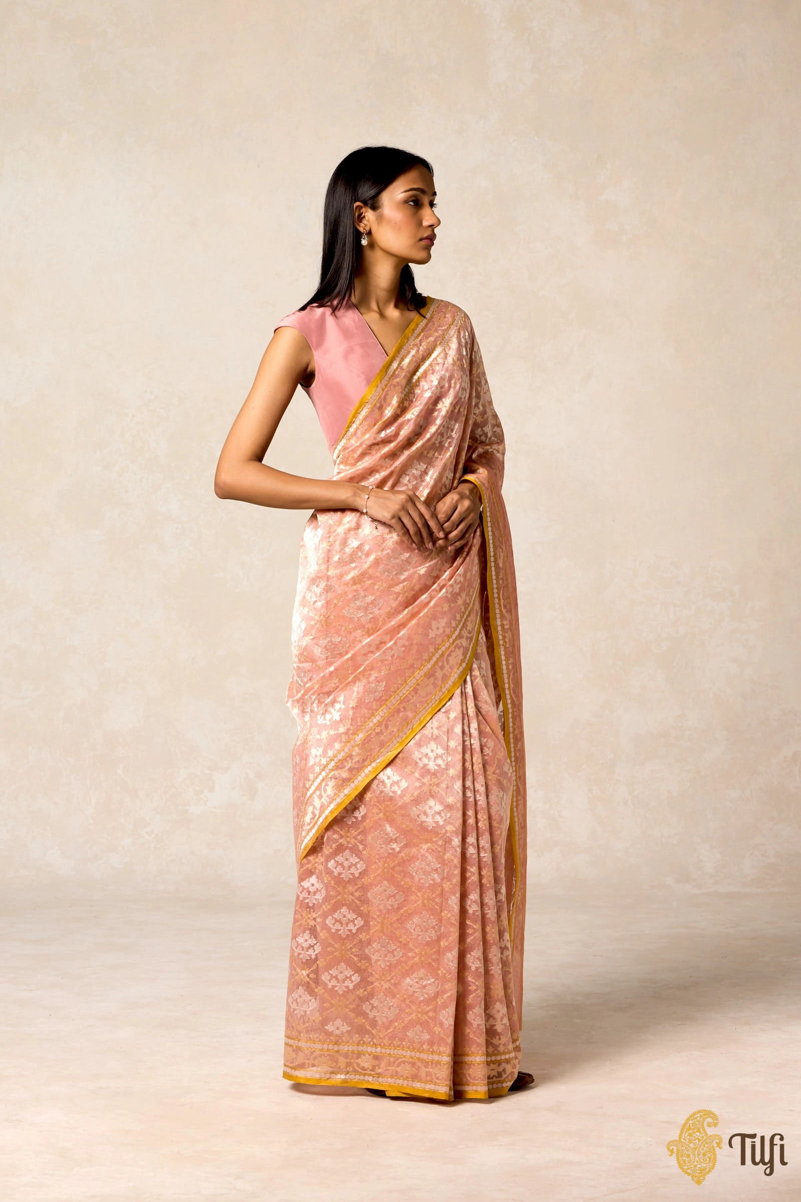 'Kairavi' Light Coral Peach Pure Cotton Tissue Real Zari Banarasi Handloom Saree