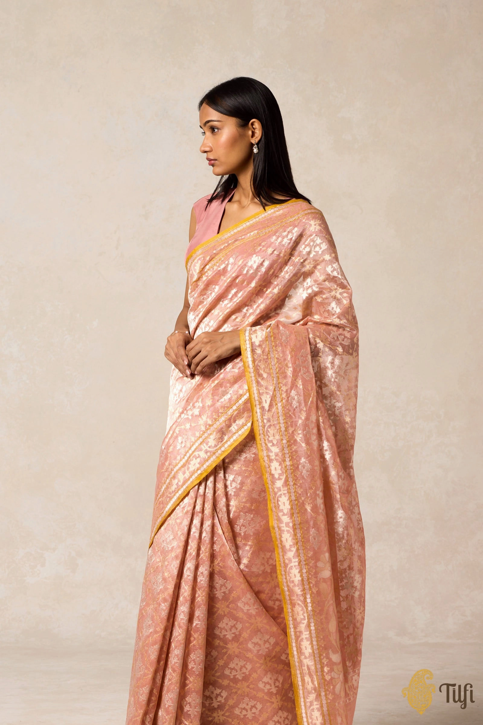 'Kairavi' Light Coral Peach Pure Cotton Tissue Real Zari Banarasi Handloom Saree