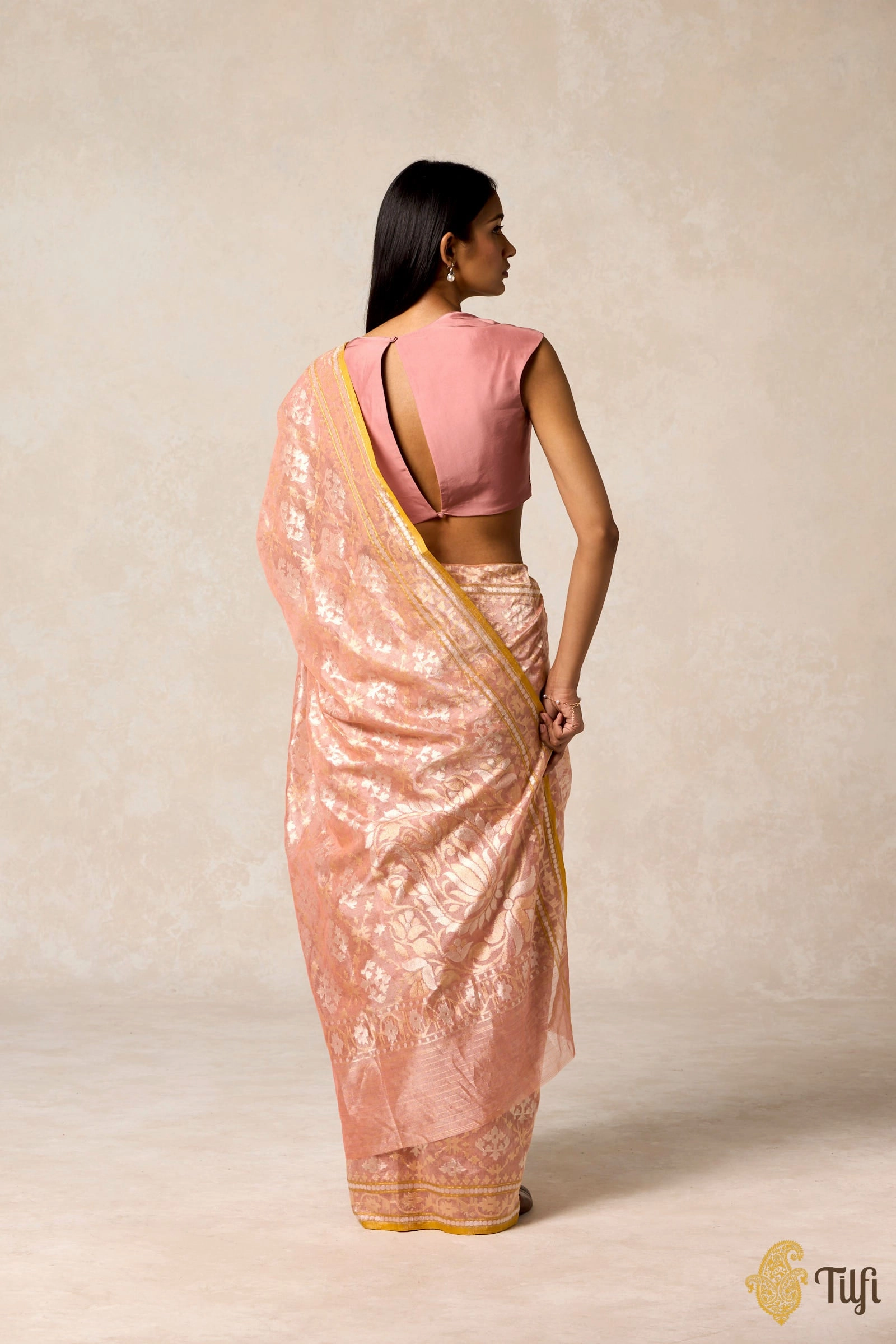 'Kairavi' Light Coral Peach Pure Cotton Tissue Real Zari Banarasi Handloom Saree