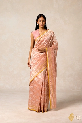 'Kairavi' Light Coral Peach Pure Cotton Tissue Real Zari Banarasi Handloom Saree