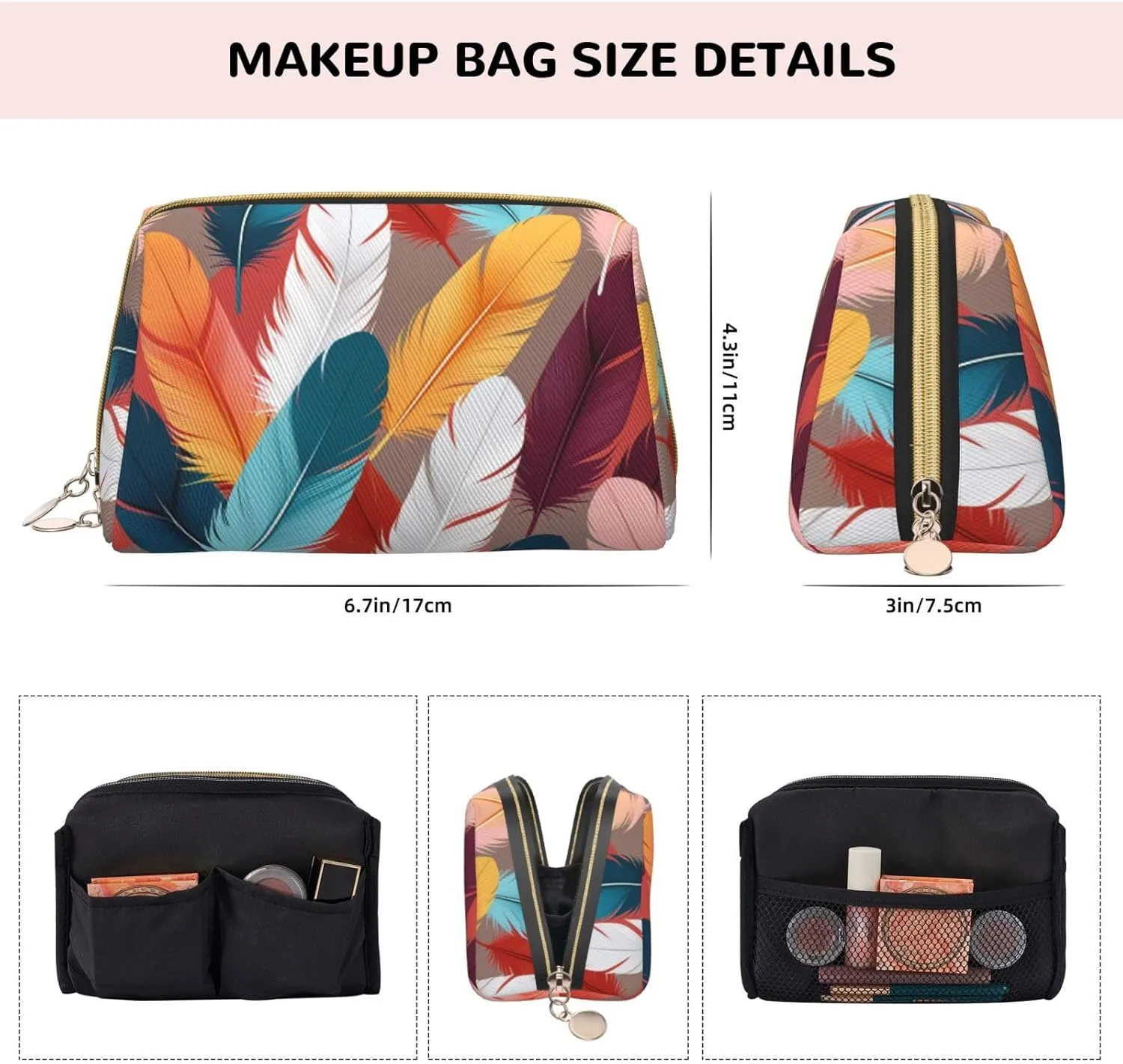 Abstract Feathers Printed Small Makeup Bag,Travel Cosmetic Bag Purse with Zipper,Water-resistant Makeup Organizer Bag for Women