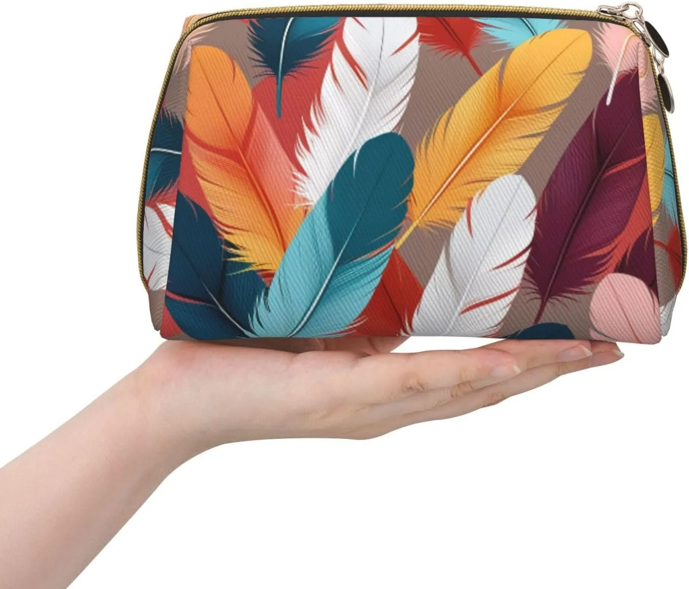 Abstract Feathers Printed Small Makeup Bag,Travel Cosmetic Bag Purse with Zipper,Water-resistant Makeup Organizer Bag for Women