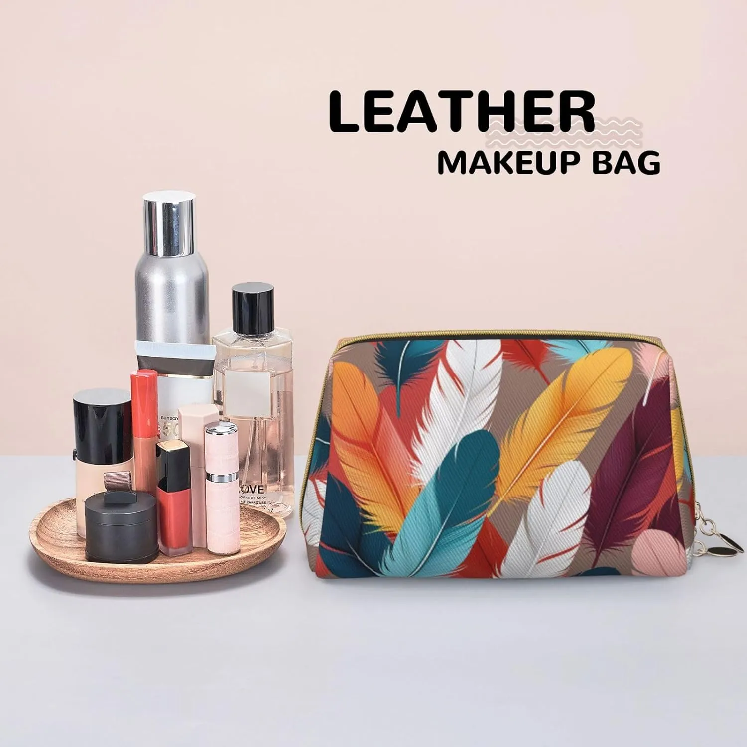 Abstract Feathers Printed Small Makeup Bag,Travel Cosmetic Bag Purse with Zipper,Water-resistant Makeup Organizer Bag for Women