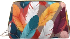 Abstract Feathers Printed Small Makeup Bag,Travel Cosmetic Bag Purse with Zipper,Water-resistant Makeup Organizer Bag for Women