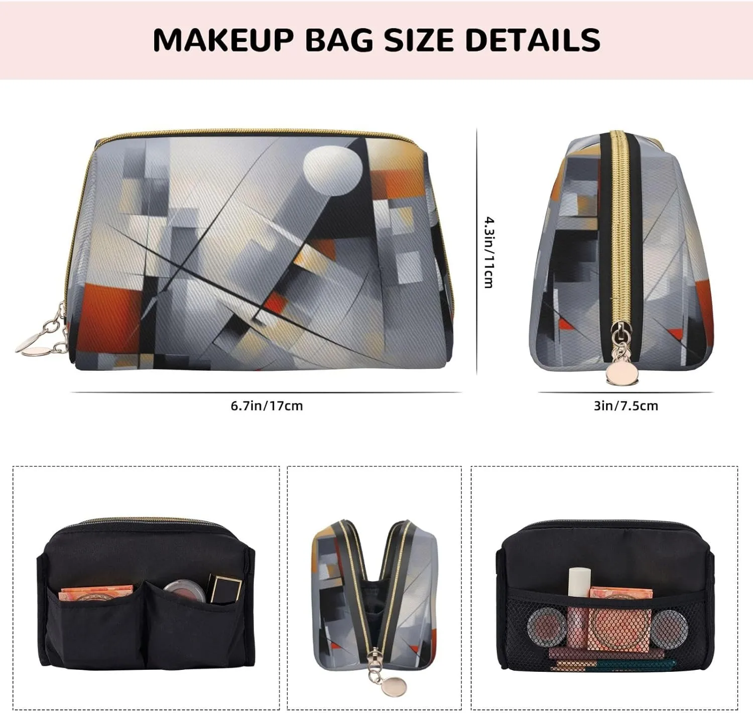 Abstract Gray Printed Small Makeup Bag,Travel Cosmetic Bag Purse with Zipper,Water-resistant Makeup Organizer Bag for Women