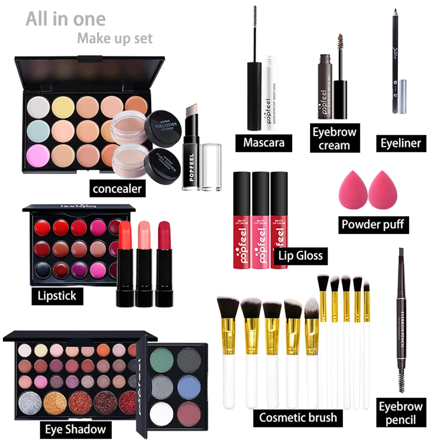 All in One Makeup Kit For Beginners, Full Makeup Kit For Teen Girls, Makeup Gift Set, Include Eyeshadows, Concealer, Cosmetic Brush, Lip Gloss, Lipstick, Powder Puff, Mascara -006