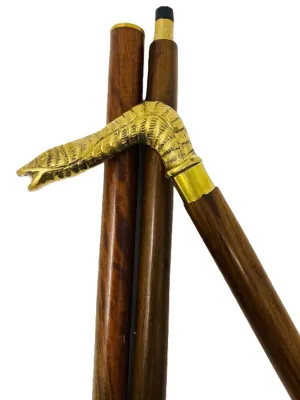 Antique Style Brass Snake King Cobra Head Walking Cane - 36" Wooden Vintage Golden Snake Designer Handmade Wooden Walking Stick Cane - Adjustable Length Solid Walking Cane For Men,Women,Elderly People