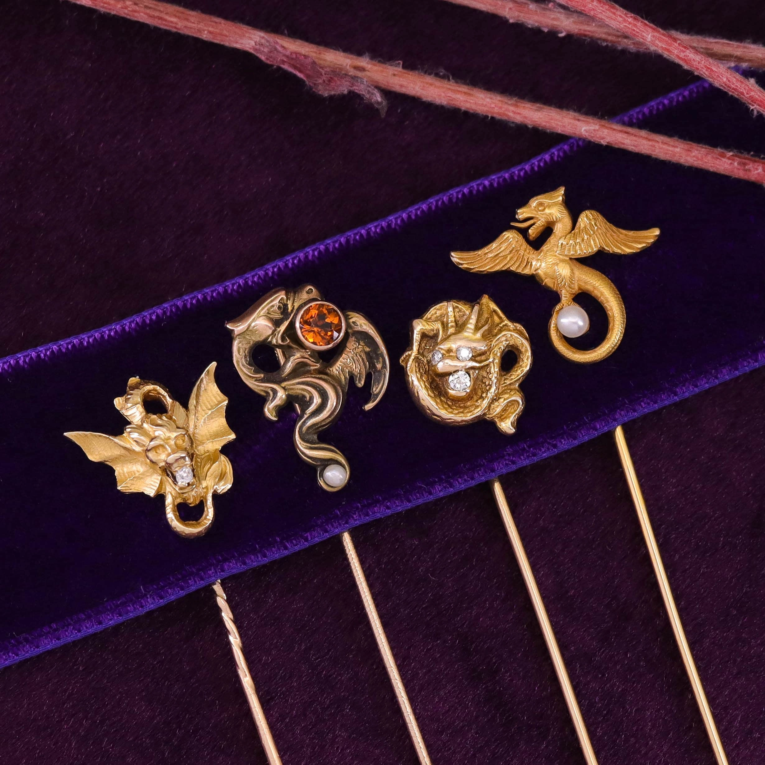 Antique Griffin or Dragon Stickpin of 14k Gold