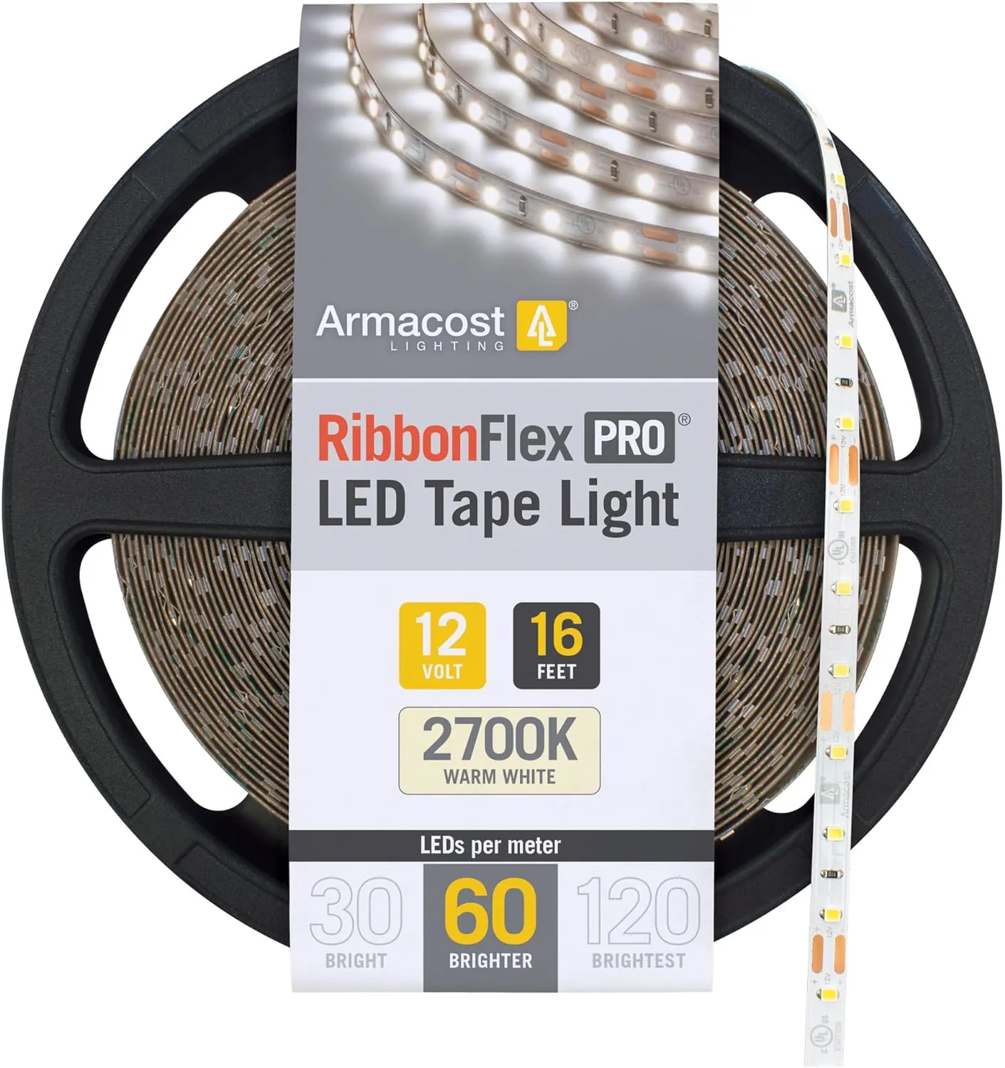 Armacost Lighting 132230 16.4 ft. LED Tape Light Soft White (2700K) RibbonFlex Pro Series 60, Dimmable, 250 Lumens per ft., 12-Volt