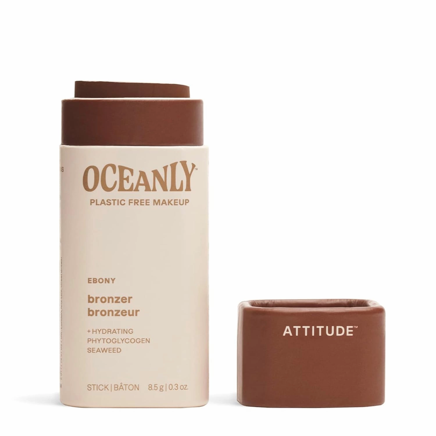 ATTITUDE Oceanly Plastic-Free Lightweight Bronzer Stick, Titanium Dioxide-Free, EWG Verified, Vegan & Cruelty-free Makeup, Ebony, 0.3 Ounces