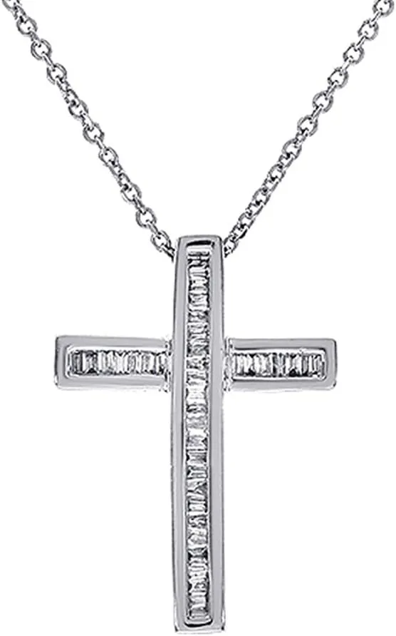 Avital & Co. 0.30 Carat Baguette Cut Diamonds Womens Cross Necklace 14K White Gold