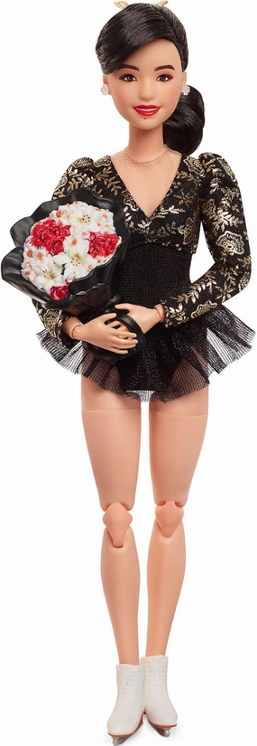 Barbie Inspiring Women Doll, Kristi Yamaguchi Collectible in 1992 Winter Olympics Costume, Sparkly Black and Gold Leotard and White Skates
