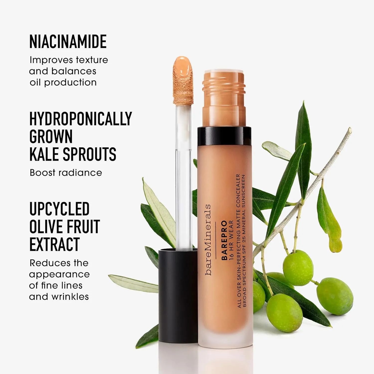 bareMinerals BAREPRO 16HR All Over Skin-Perfecting Natural Matte Concealer Mineral SPF 25 with Niacinamide, Conceals Dark Spots, Blemishes   Dark Circles Under Eyes, Safe for Sensitive Skin, Vegan