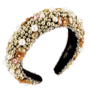 Baroque Crystal Rhinestone Headbands Flower Padded Hairbands for Women Girls Pearl Colorful Bead Embellished Headbands Bejewelled Wide Velvet Hair Hoop for Wedding Parties (bead)