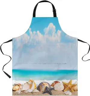 Beach Starfish Waterproof Apron With Pockets, Ocean Blue SummerSandy Conch Sea Shell Kitchen Chefs Bib Cooking BBQ Grill Bake Adjustable Aprons for Women/Kids Home Garden Grooming Painting Gardening