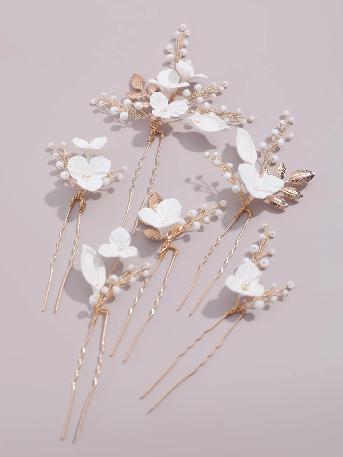 Beads Pearl Hair Pins, 6 Pcs Bridal Handmade White 3D Pinch Flower Fairy Bride Wedding Hair Pieces Leaf U Shaped Hair Accessories Headpiece Bridesmaids Women Girls Gold