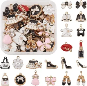 Beadthoven 40pcs Enamel Women Makeup Charm Pendants Hot Fashion Lipstick Perfume High Heel Shoes Bows Handbag Dangle Charm Beads for DIY Necklace Bracelet Earrings Jewelry Making Accessories