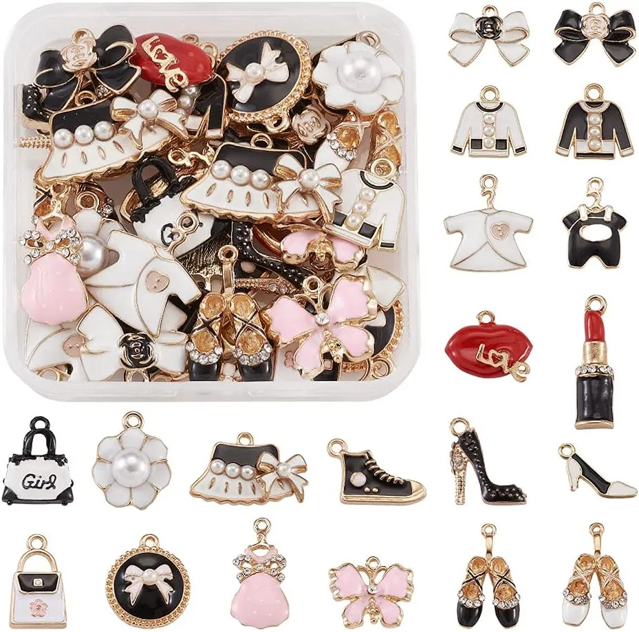 Beadthoven 40pcs Enamel Women Makeup Charm Pendants Hot Fashion Lipstick Perfume High Heel Shoes Bows Handbag Dangle Charm Beads for DIY Necklace Bracelet Earrings Jewelry Making Accessories