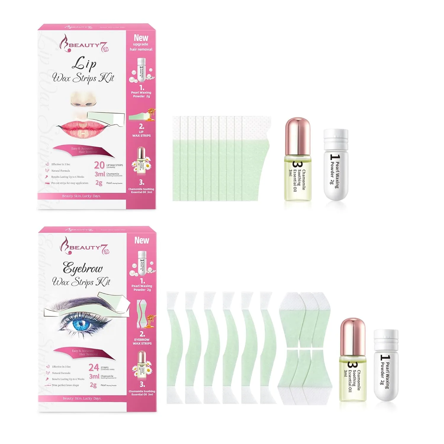 Beauty7 Wax Strips Kit, 2 SETS IN ONE PACKAGE. Eyebrow & Lip Facial Hair Removal with Pearl Powder Essential Oil for All Skin Types Women